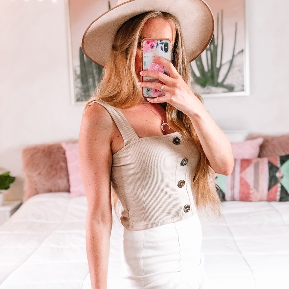 Boho Nude Beige Ribbed Crop Top Button Down - Picture 4 of 8